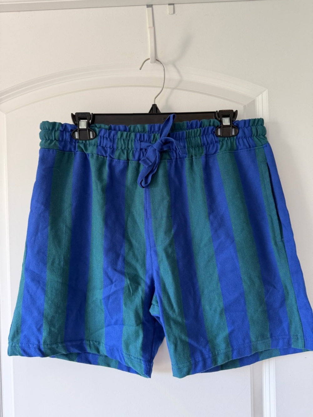 Trendy Striped Blue & Green Cotton Blend Drawstring Shorts